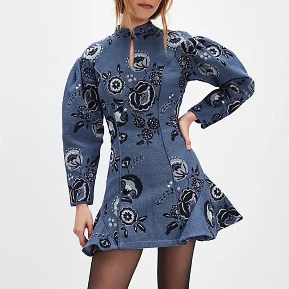 Charo Ruiz Ibiza "Ara" Mini Dress in Blue Jacquard (NWT)